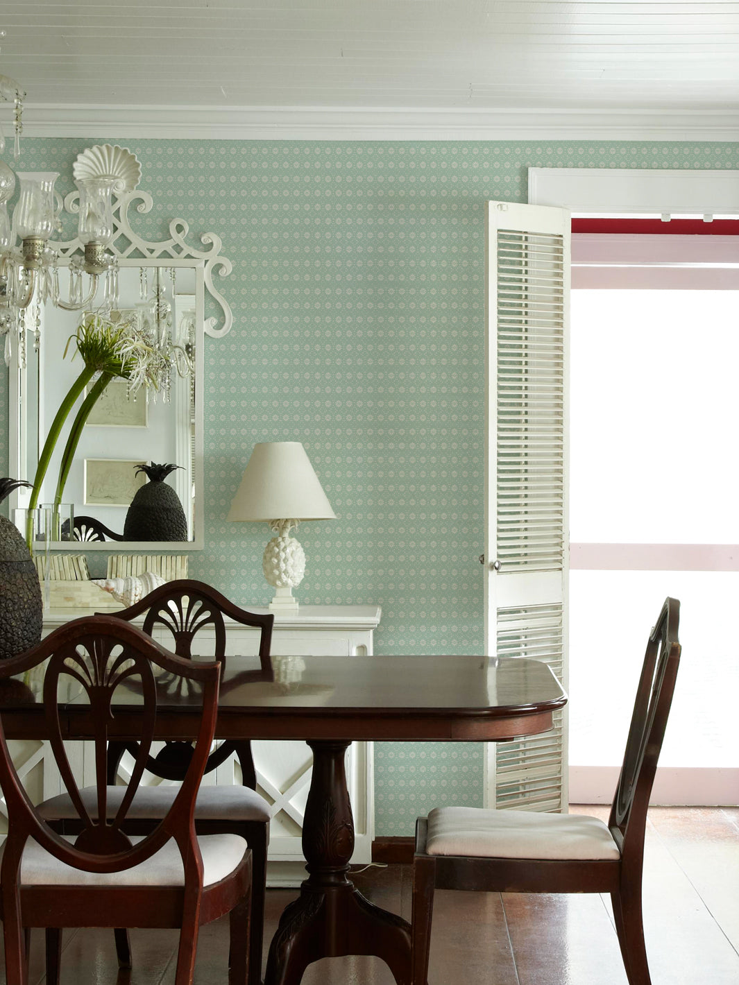 'Buttonwood' Wallpaper by Flint Wood & Hicks - Cream on Minty Green