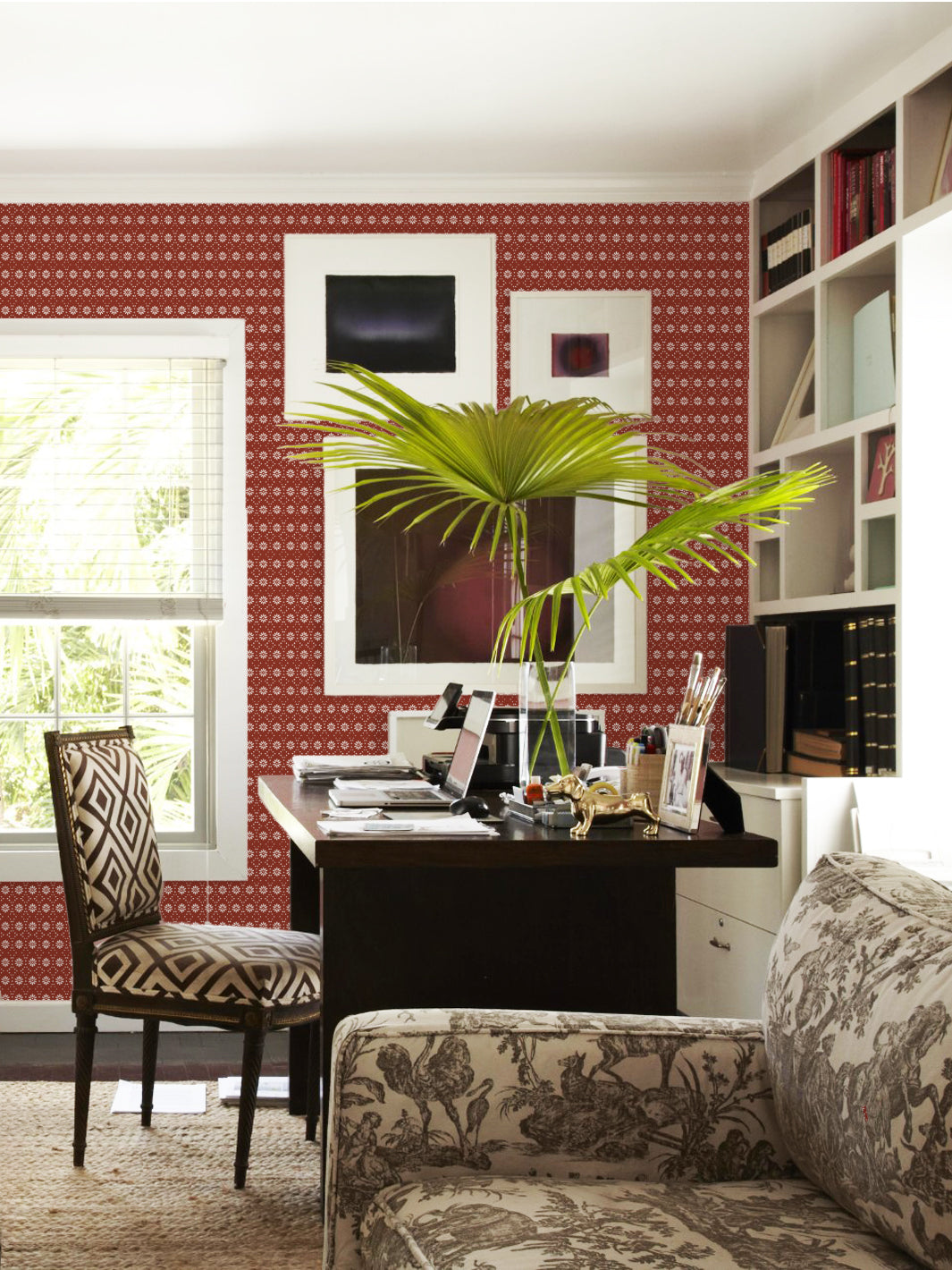 'Buttonwood' Wallpaper by Flint Wood & Hicks - Ivory on Dark Red