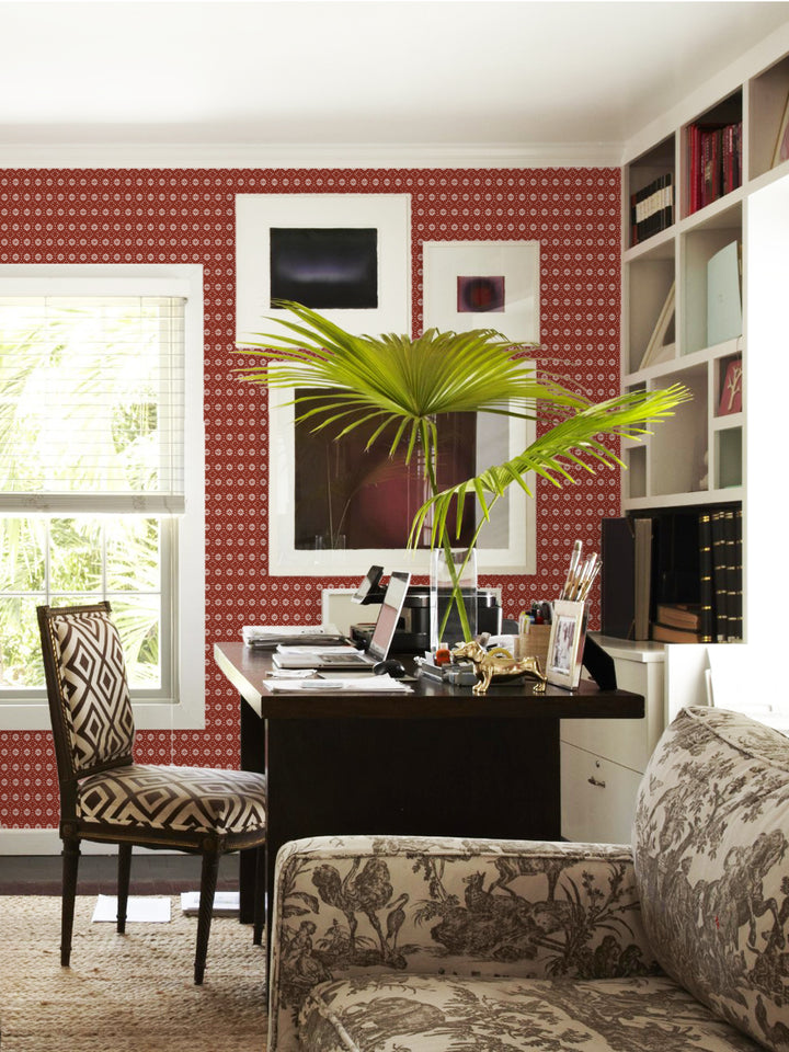 'Buttonwood' Wallpaper by Flint Wood & Hicks - Ivory on Dark Red