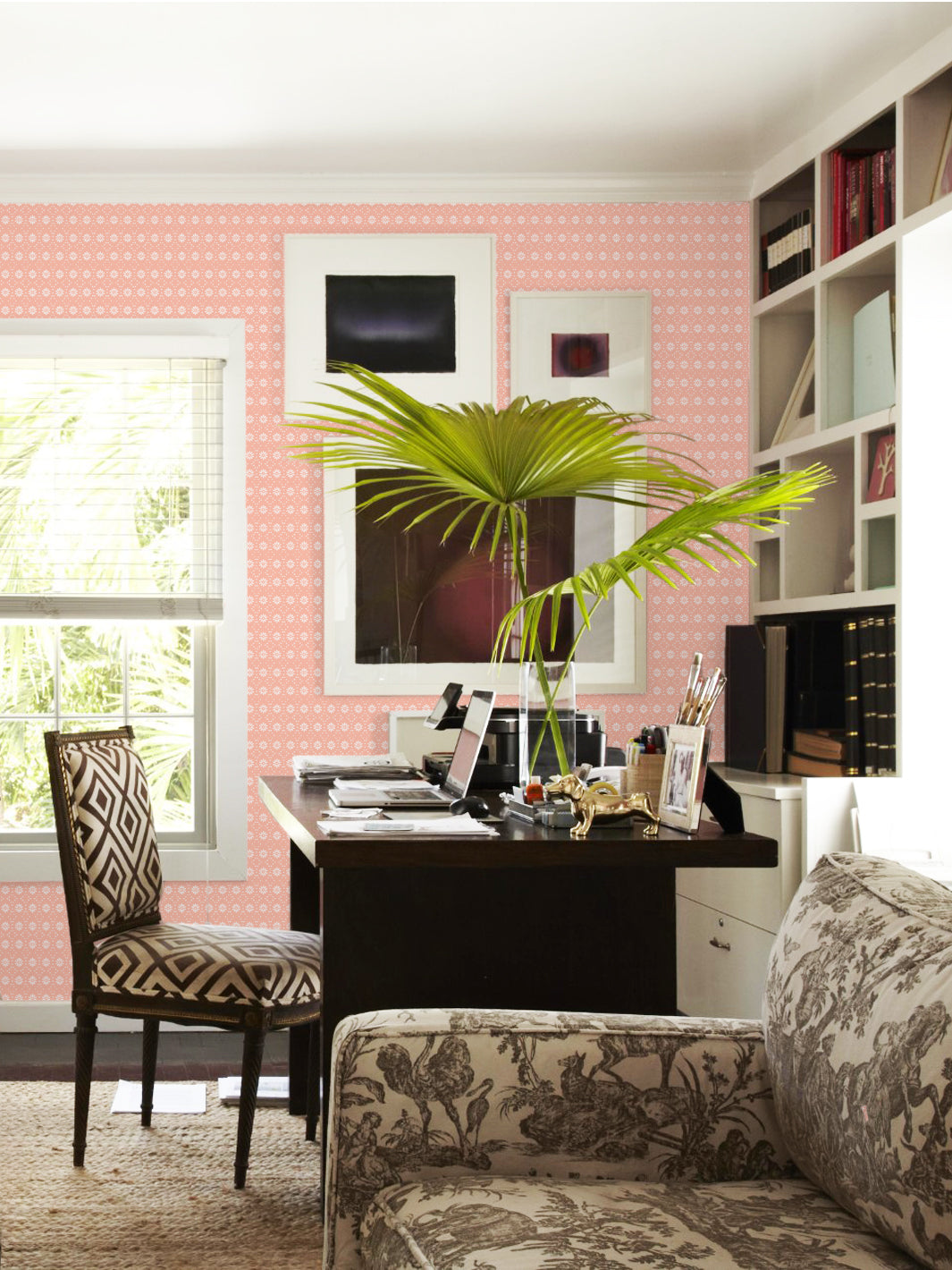 'Buttonwood' Wallpaper by Flint Wood & Hicks - White on Light Coral