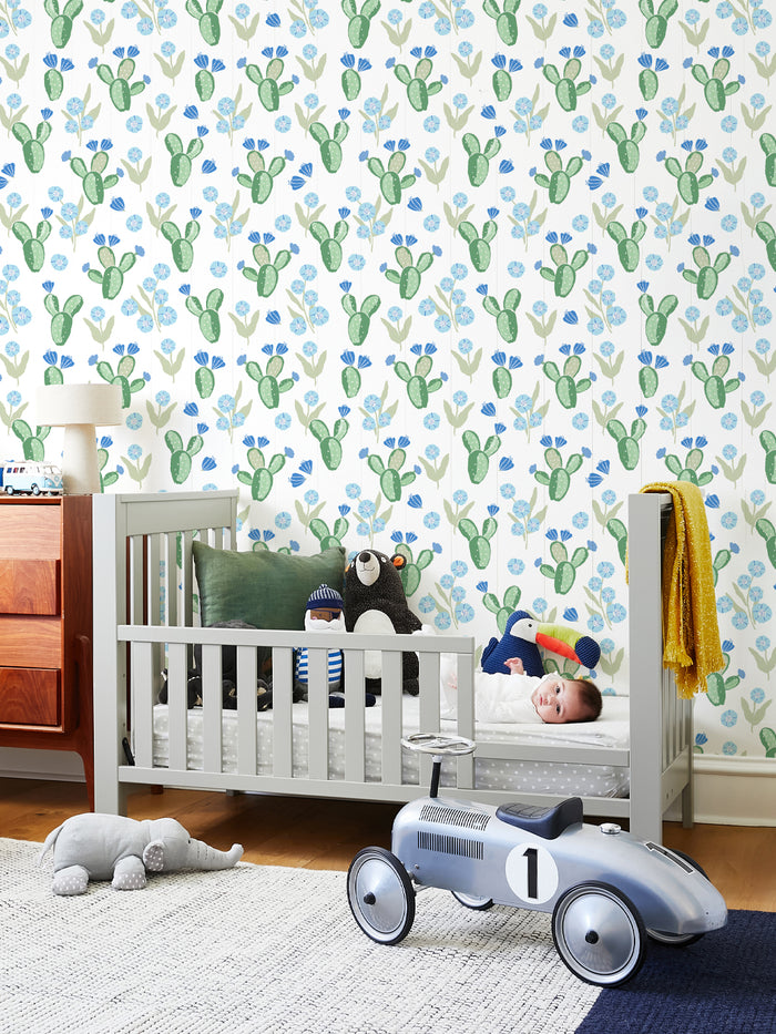 'Cactus Floral' Wallpaper by Tea Collection - Baby Blue
