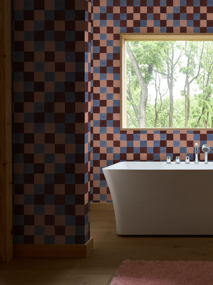 'Canyon Check' Wallpaper in Blue Rose - Room Scene