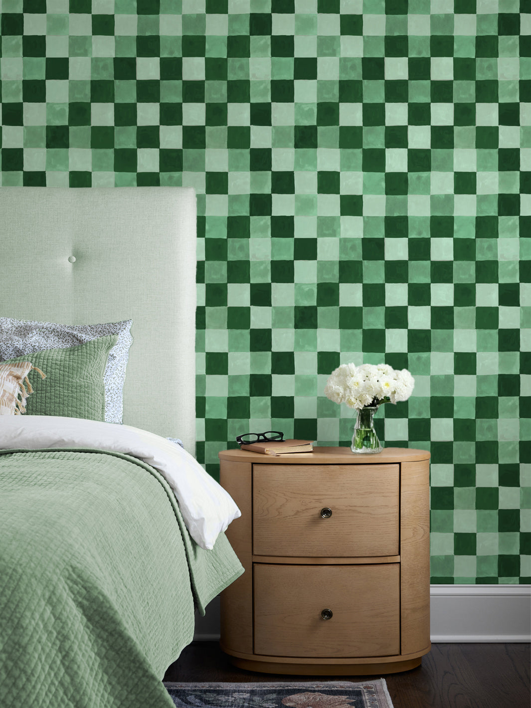 'Canyon Check' Wallpaper in Garden Green - Room Scene