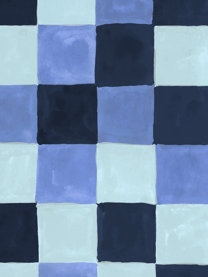'Canyon Check' Wallpaper in Lake Blue - Detail Close-Up
