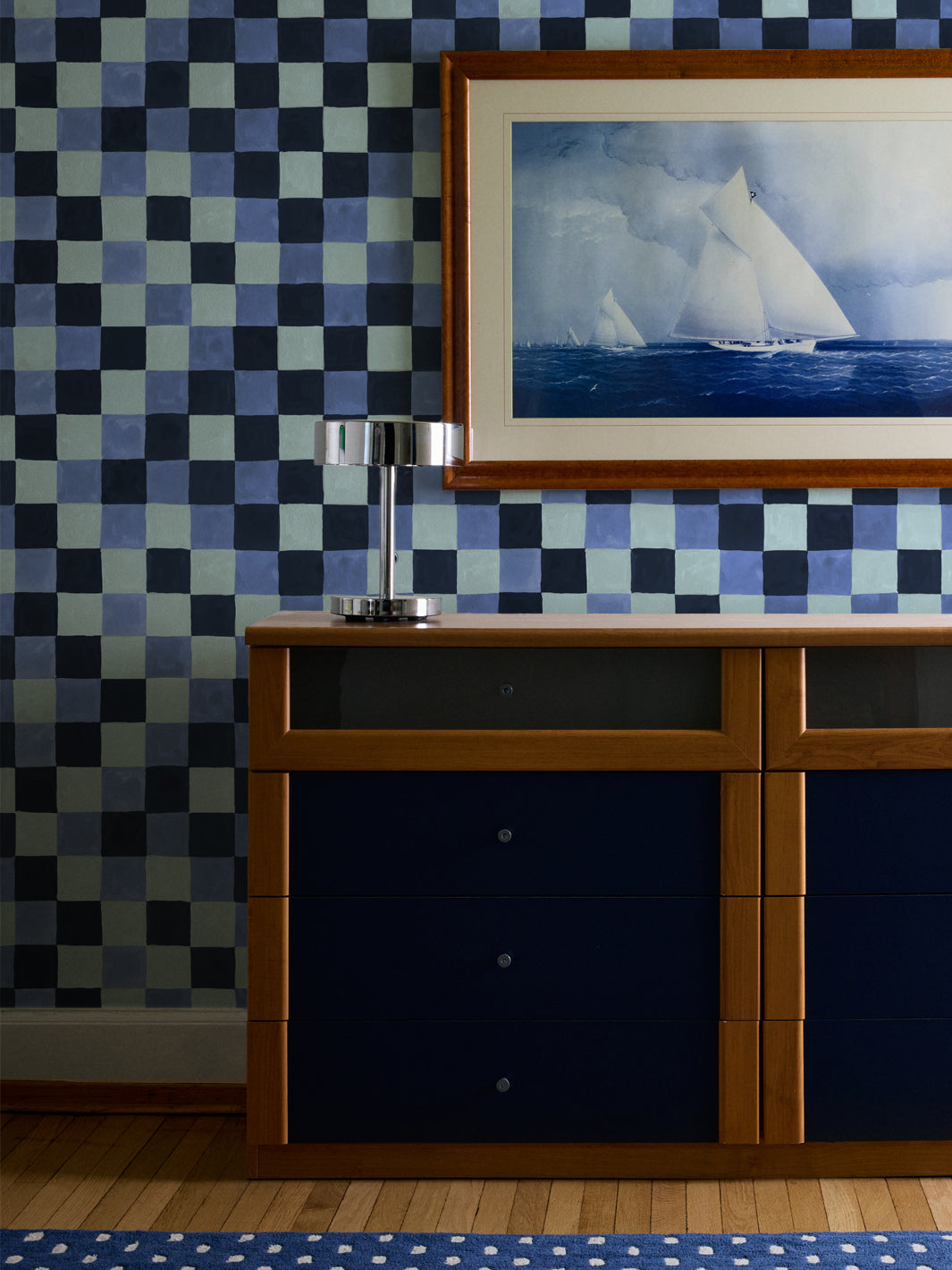 'Canyon Check' Wallpaper in Lake Blue - Room Scene
