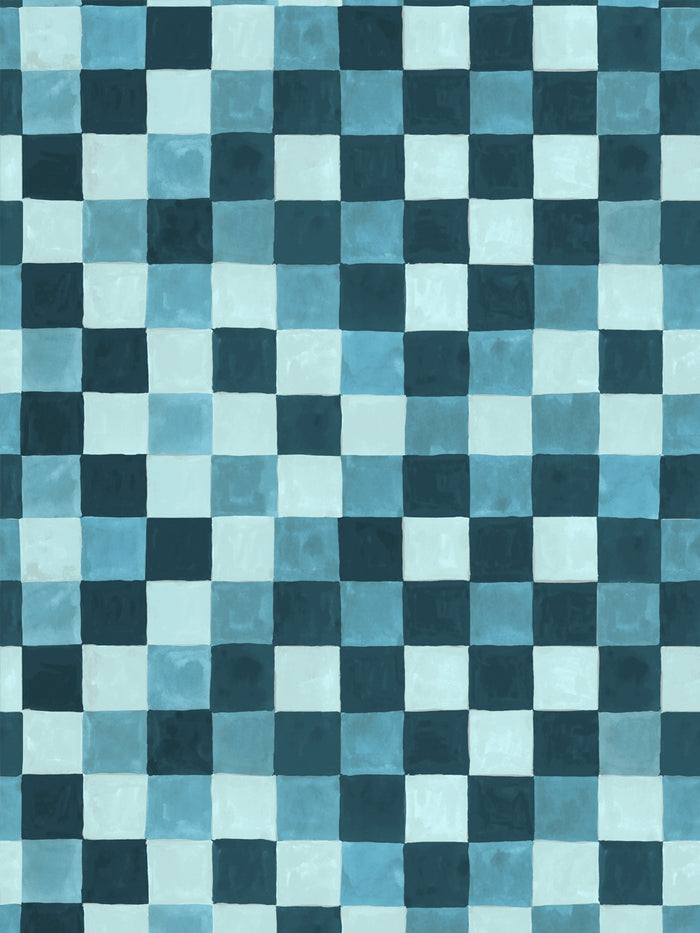 'Canyon Check' Wallpaper by Wallshoppe - Ocean Blue