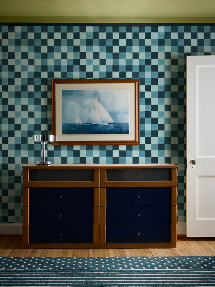 'Canyon Check' Wallpaper in Ocean Blue - Room Scene