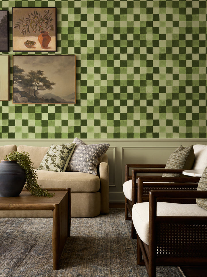 'Canyon Check' Wallpaper in Olive Grove - Room Scene