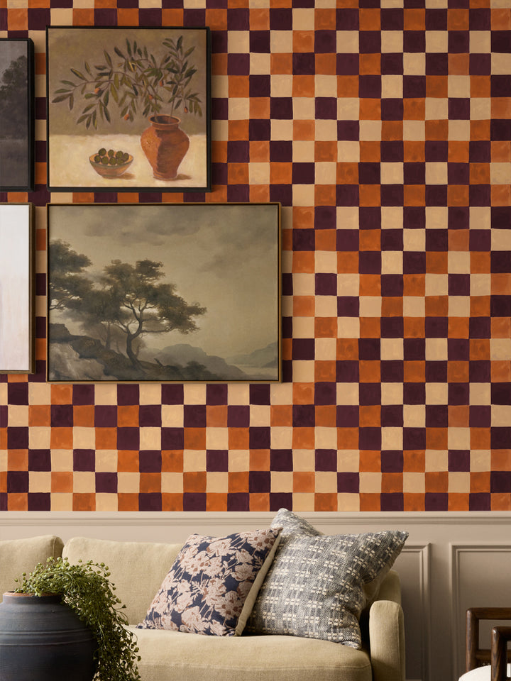 'Canyon Check' Wallpaper in Orange Wine - Room Scene
