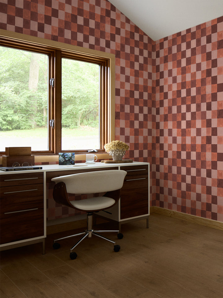 'Canyon Check' Wallpaper in Peach Rose - Room Scene