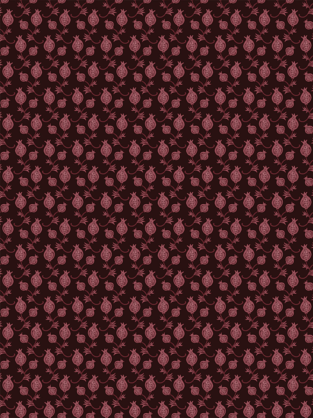 Dark near-black wallpaper with small dusty rose pomegranate motifs in a dense ditsy grid