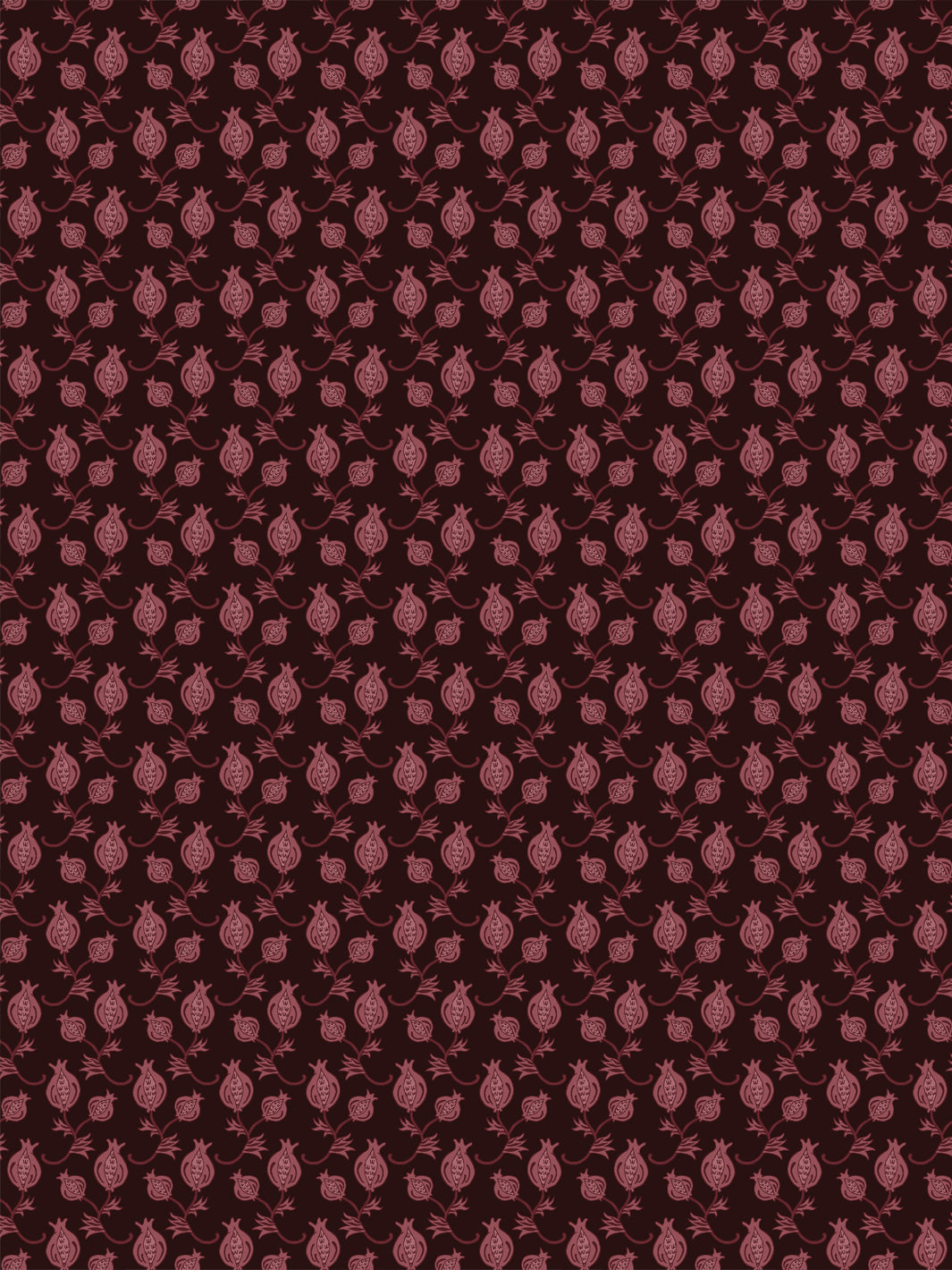 Dark near-black wallpaper with small dusty rose pomegranate motifs in a dense ditsy grid