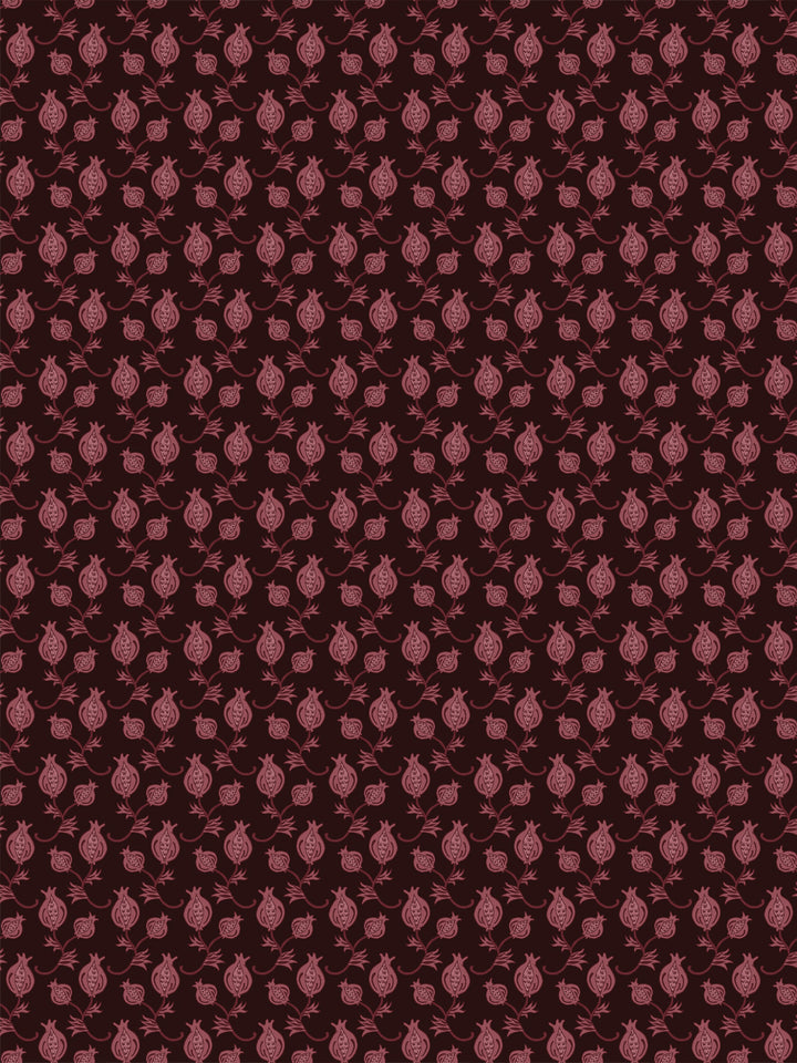 Dark near-black wallpaper with small dusty rose pomegranate motifs in a dense ditsy grid