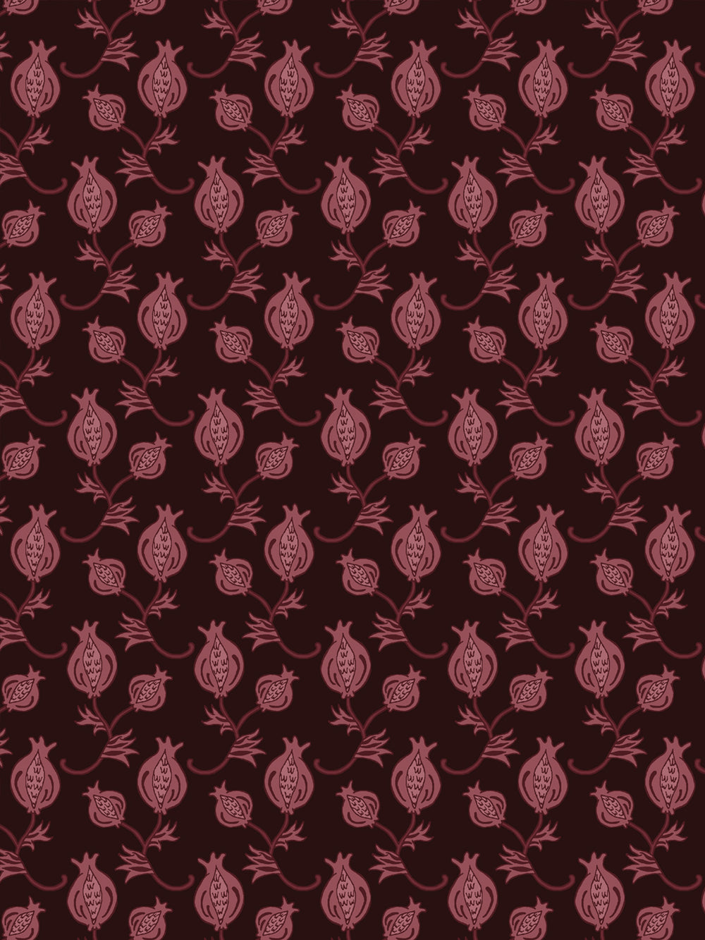 Close crop of muted dusty mauve-rose pomegranate motifs on very dark brown-black
