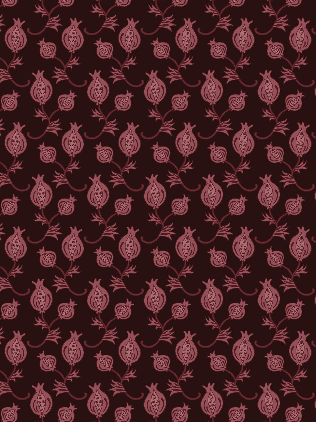 Close crop of muted dusty mauve-rose pomegranate motifs on very dark brown-black