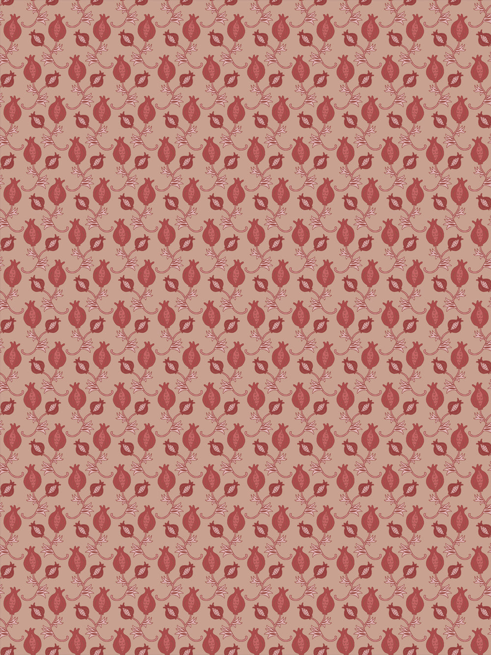 Blush clay wallpaper with small brick red pomegranate motifs in a dense ditsy grid