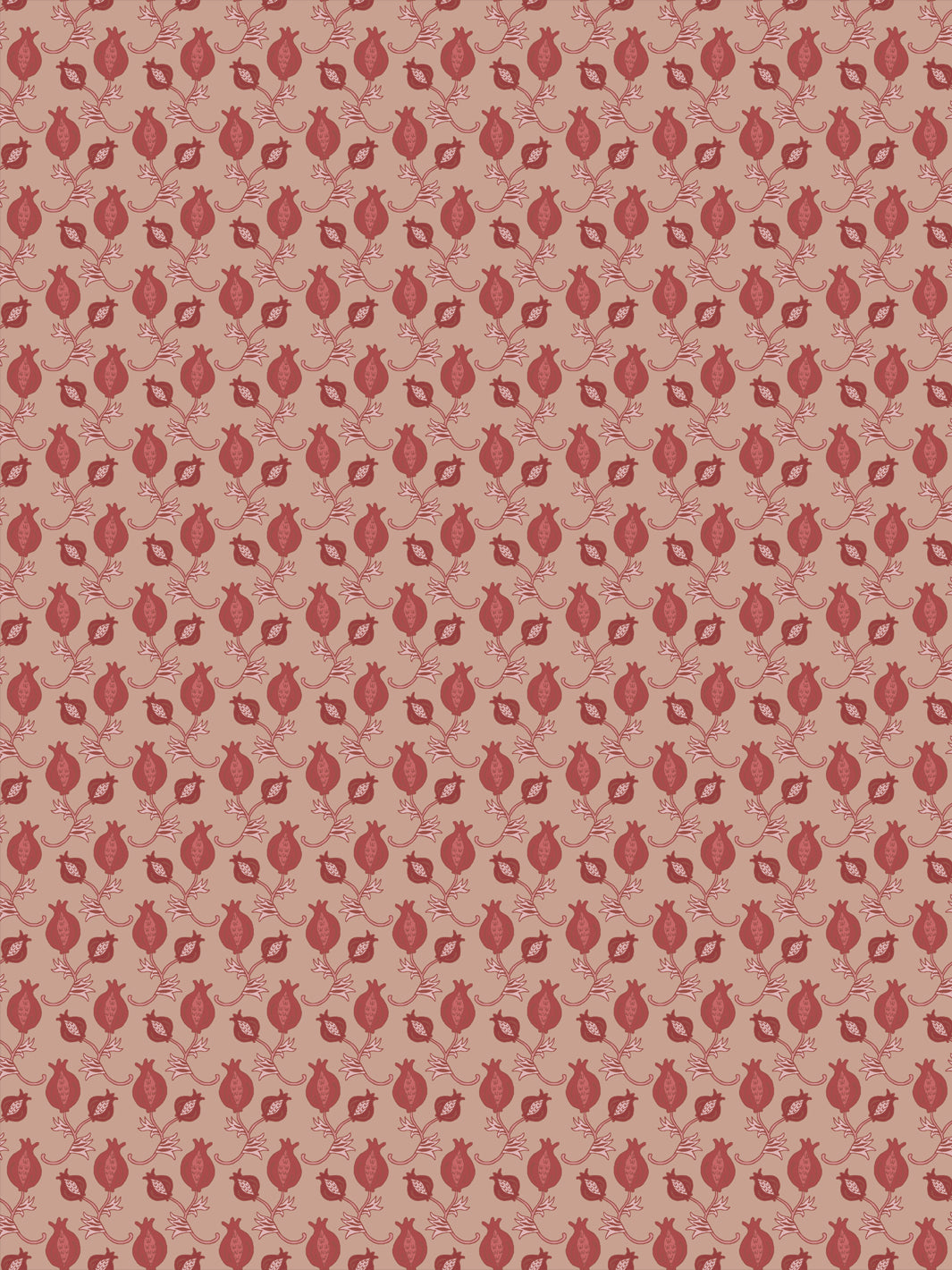 Blush clay wallpaper with small brick red pomegranate motifs in a dense ditsy grid