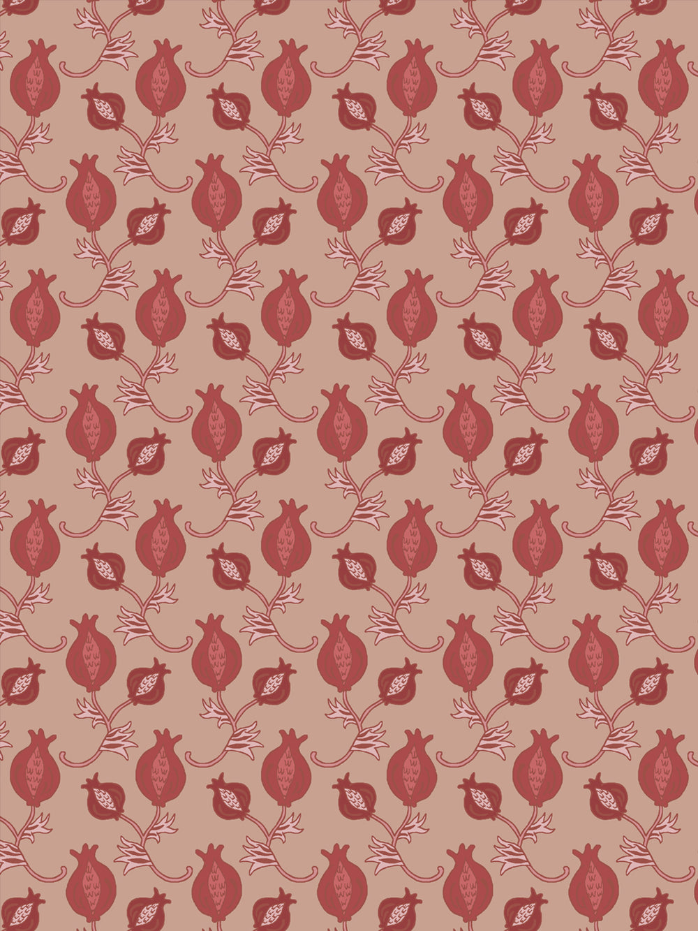Close crop of brick red pomegranate motifs on warm blush clay pink