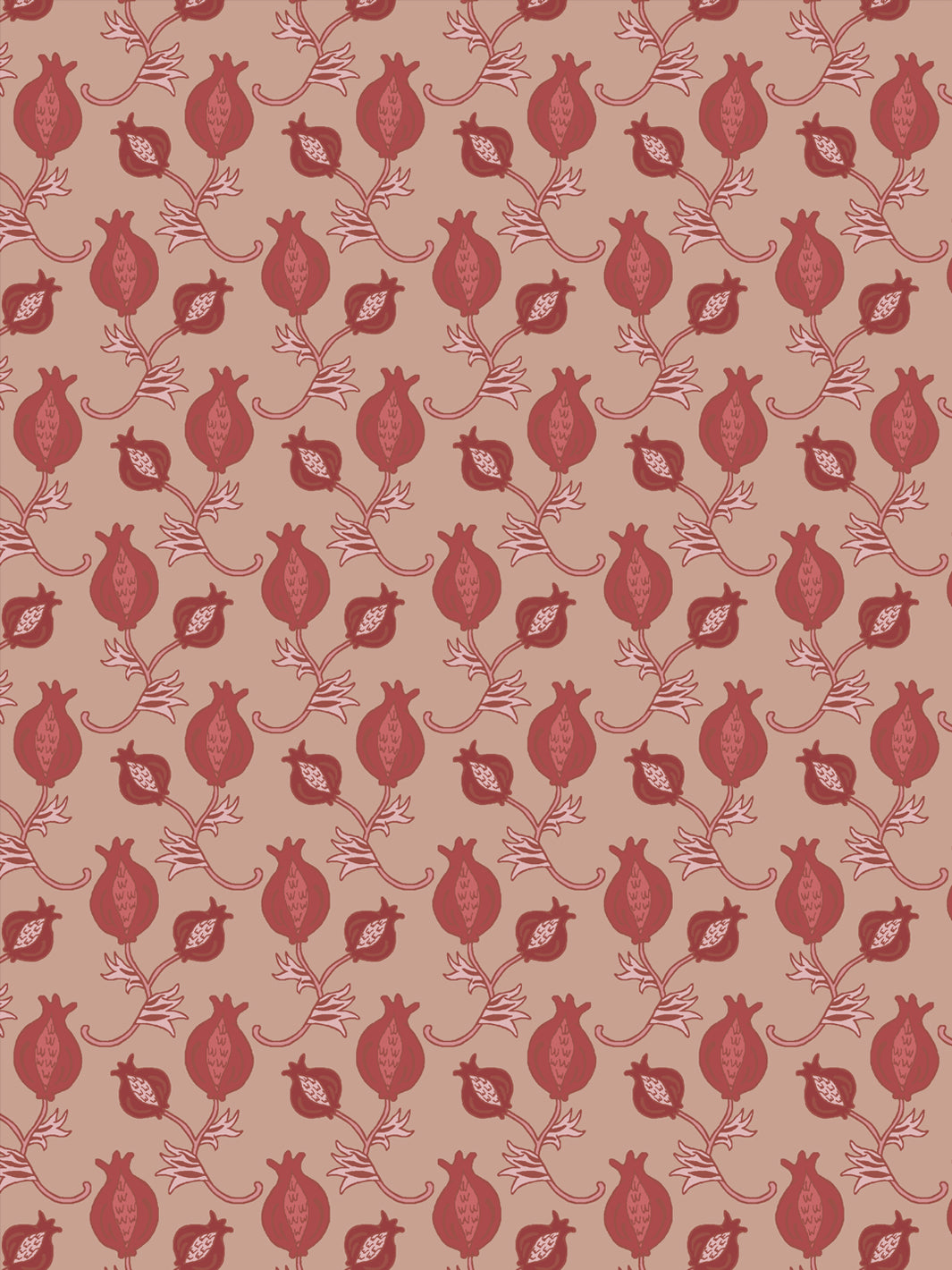 Close crop of brick red pomegranate motifs on warm blush clay pink