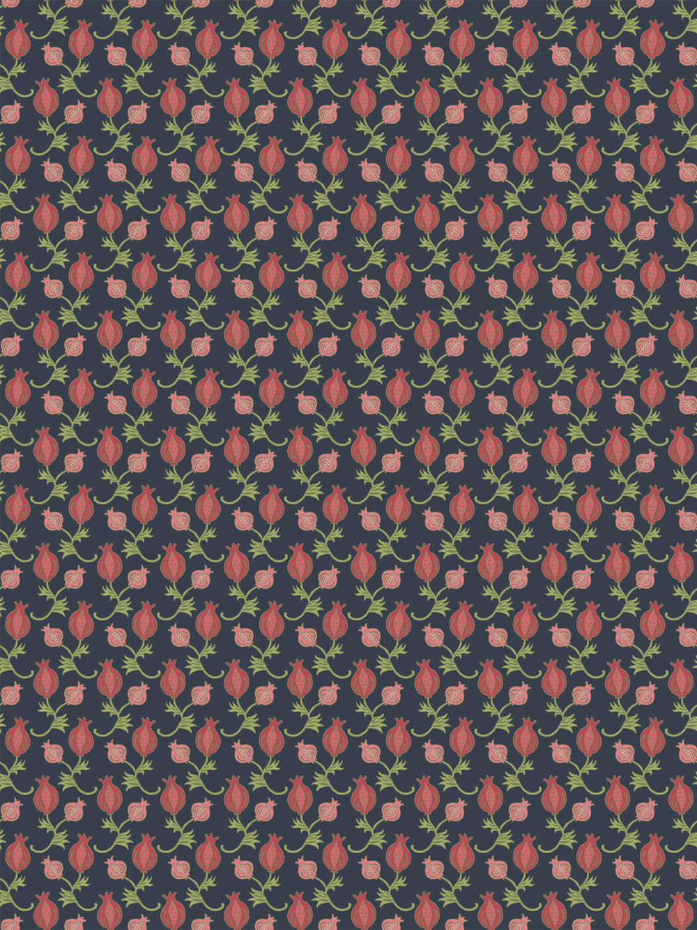 Navy wallpaper with small red pomegranates and olive green leaf sprigs in a tight grid