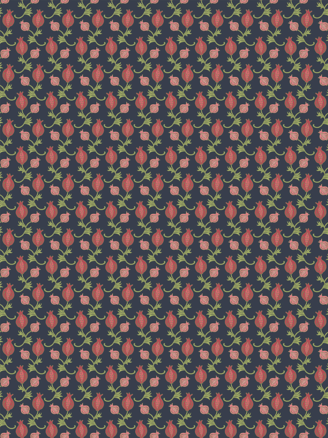 Navy wallpaper with small red pomegranates and olive green leaf sprigs in a tight grid