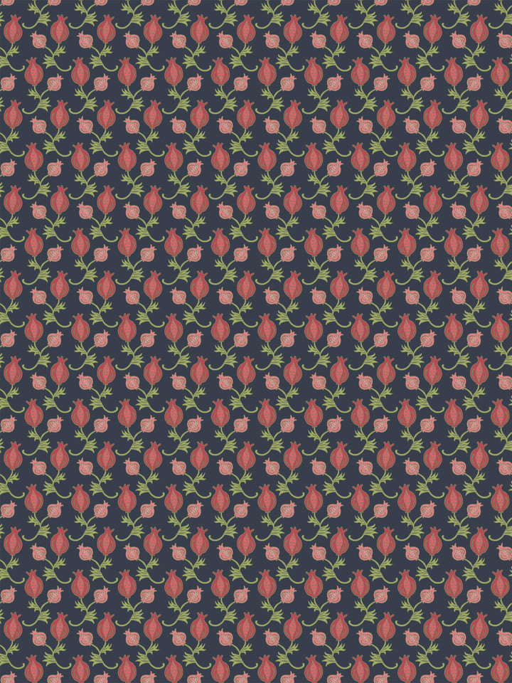Navy wallpaper with small red pomegranates and olive green leaf sprigs in a tight grid
