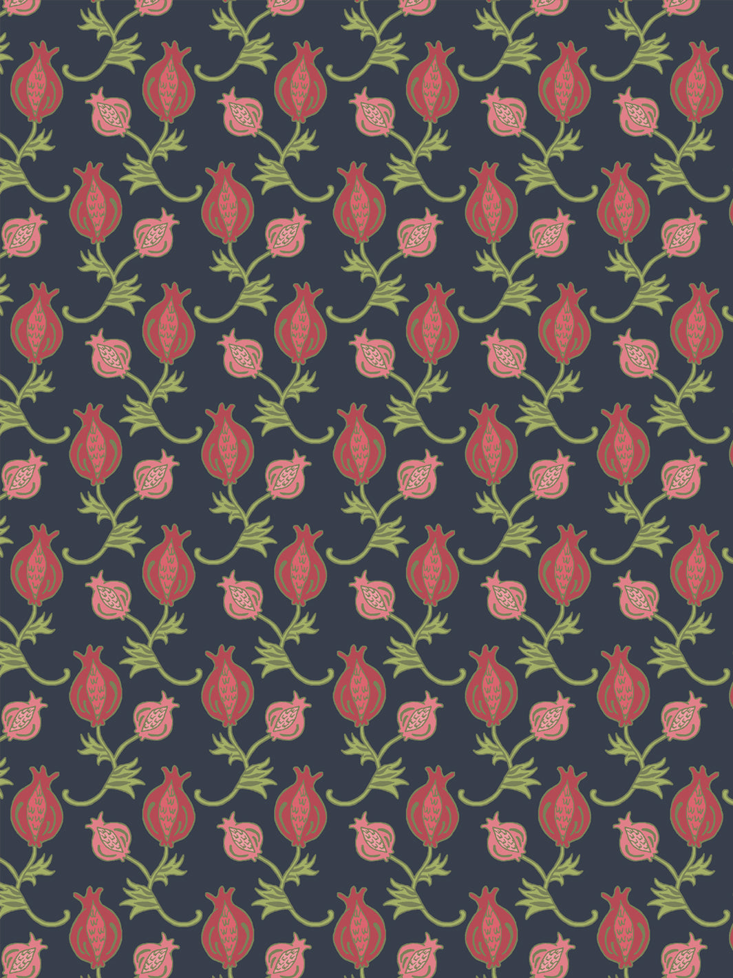 Close crop of clear red and pale coral-pink pomegranate motifs on dark navy slate blue