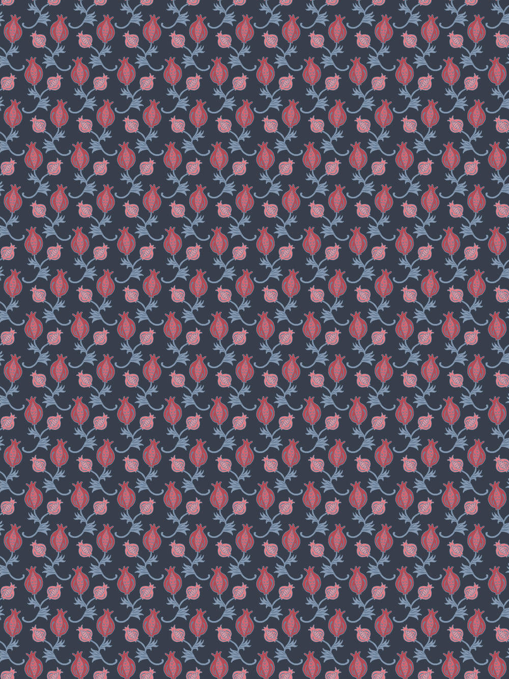 Navy wallpaper with small red pomegranates and slate blue leaf sprigs in a tight grid