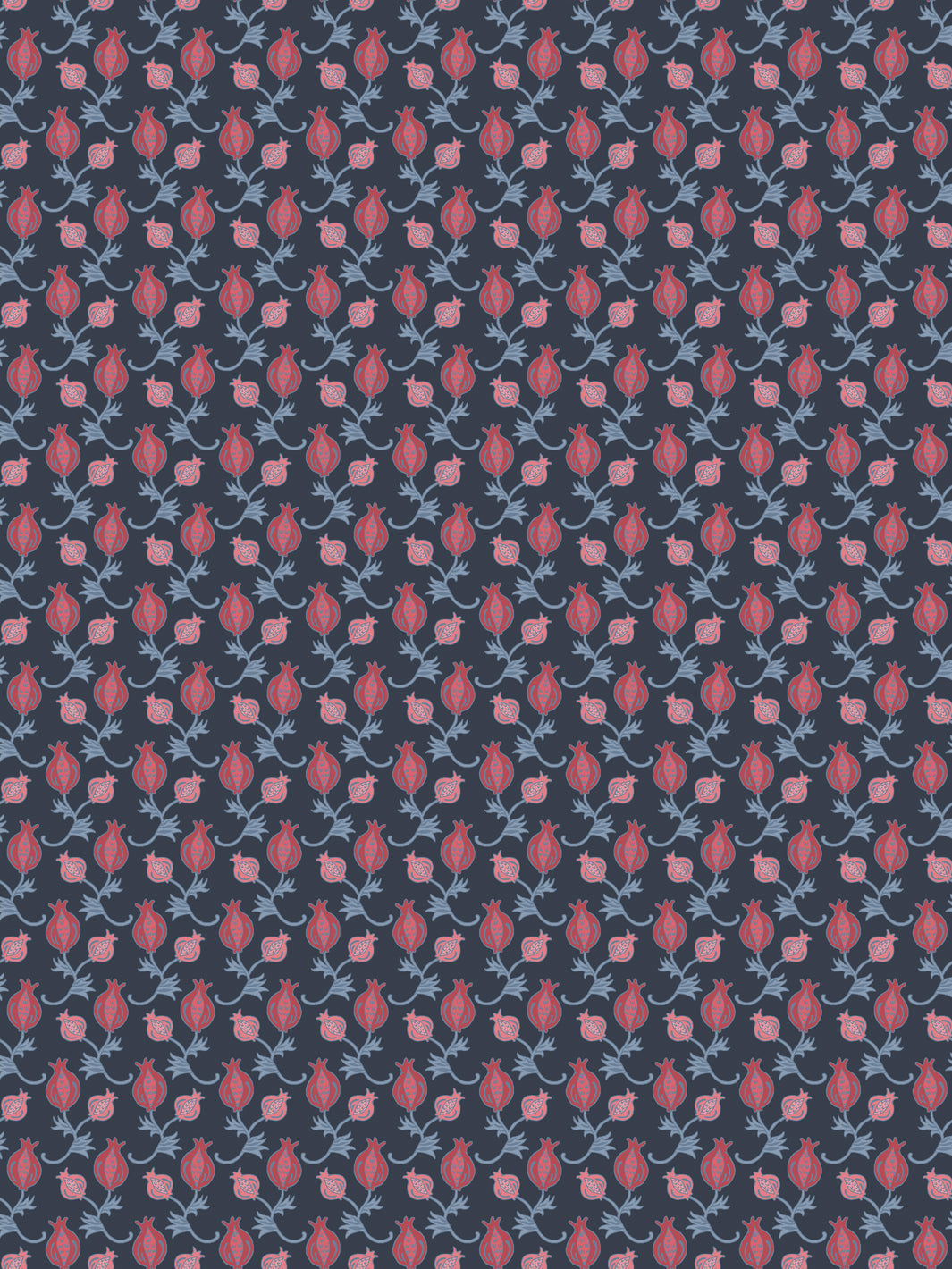Navy wallpaper with small red pomegranates and slate blue leaf sprigs in a tight grid