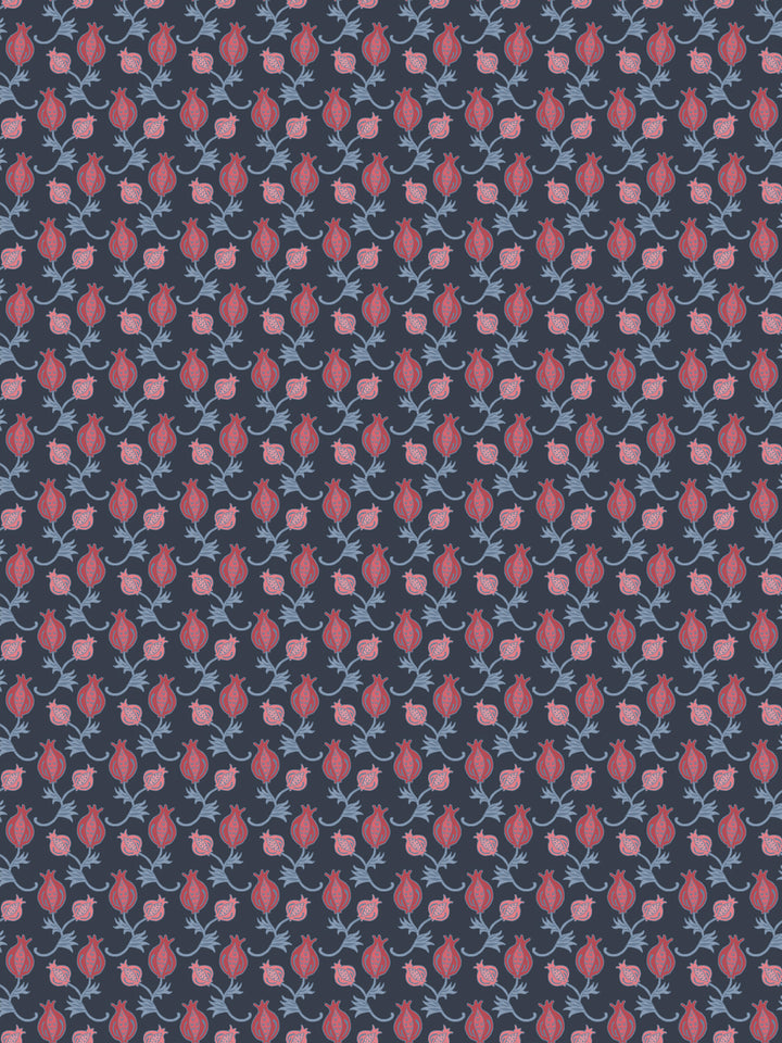 Navy wallpaper with small red pomegranates and slate blue leaf sprigs in a tight grid