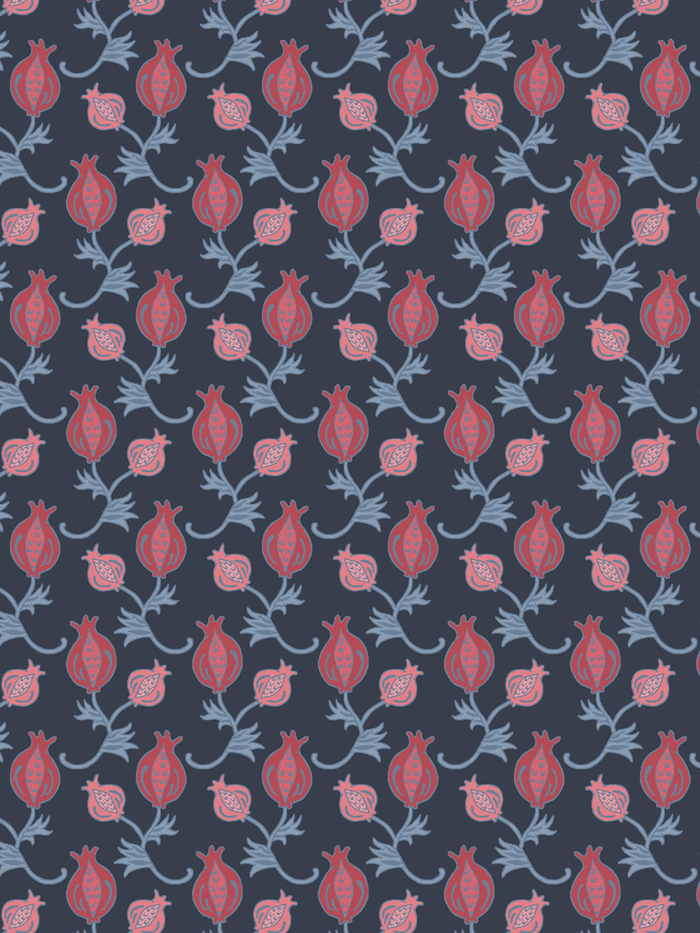 Close crop of red and dusty rose-pink pomegranate motifs on dark navy slate blue