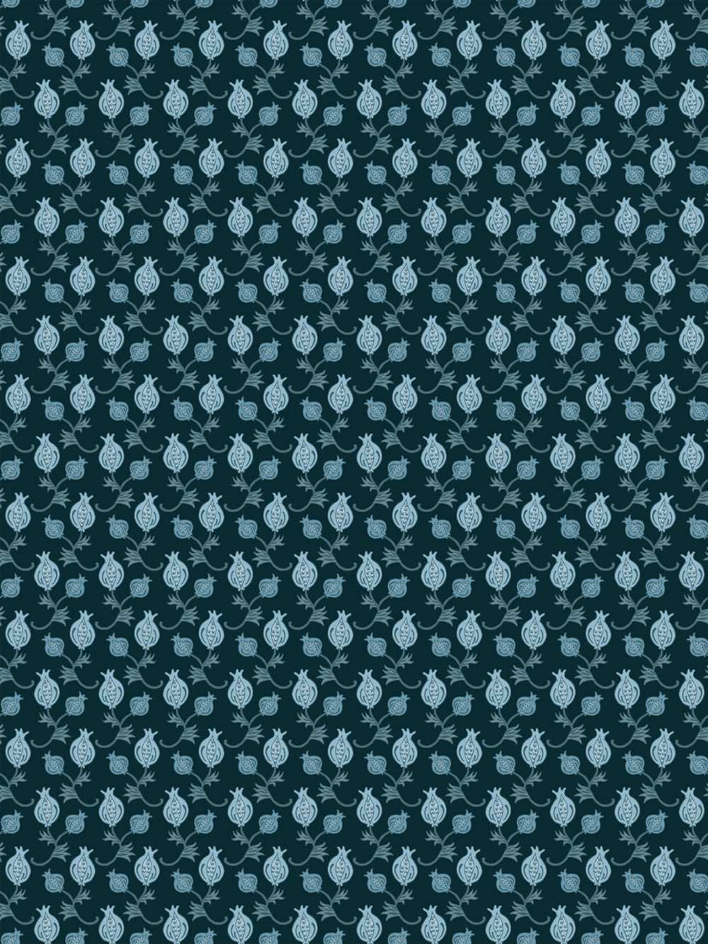 Dark teal wallpaper with small pale blue pomegranate motifs in a dense ditsy grid