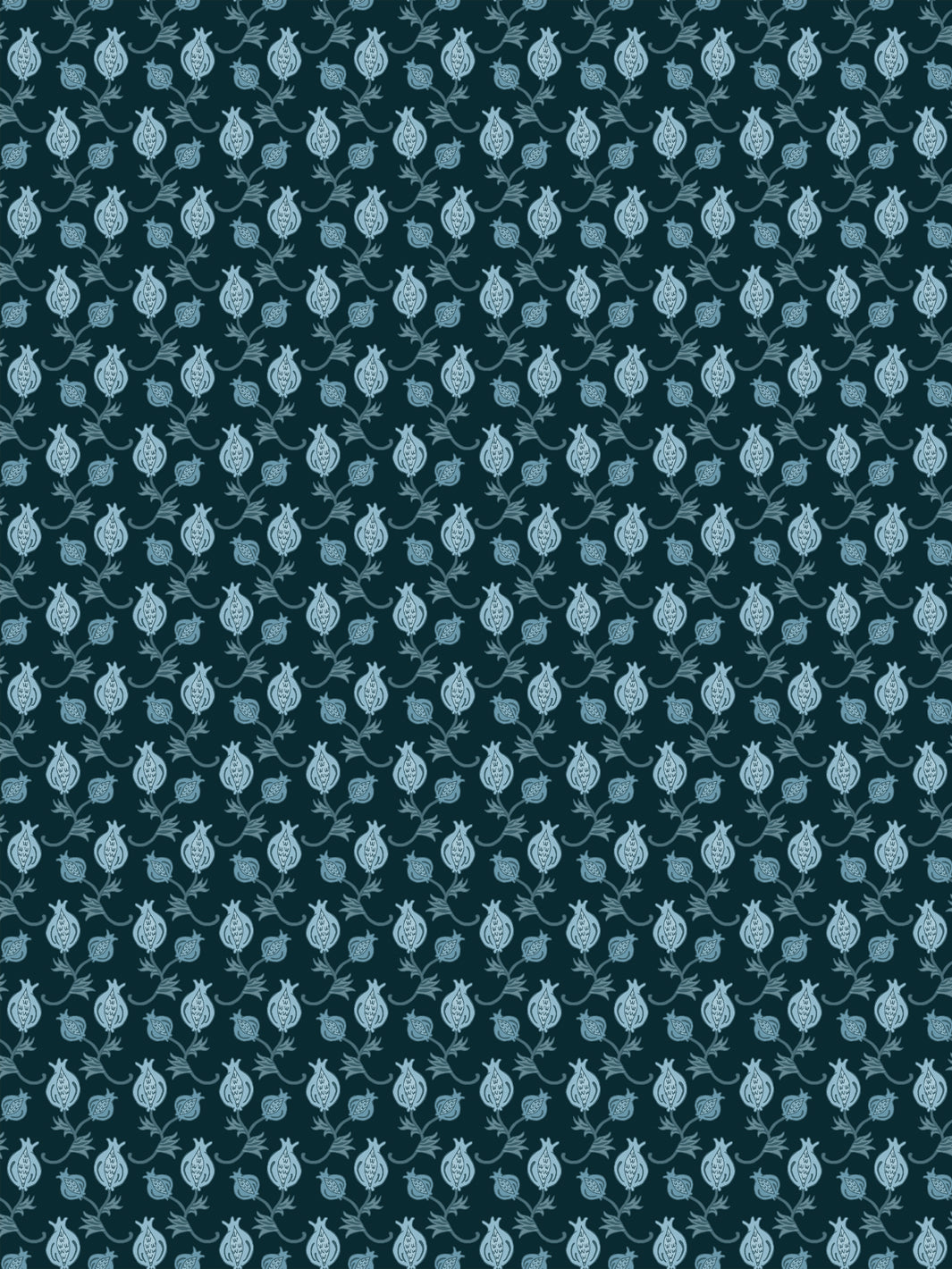 Dark teal wallpaper with small pale blue pomegranate motifs in a dense ditsy grid
