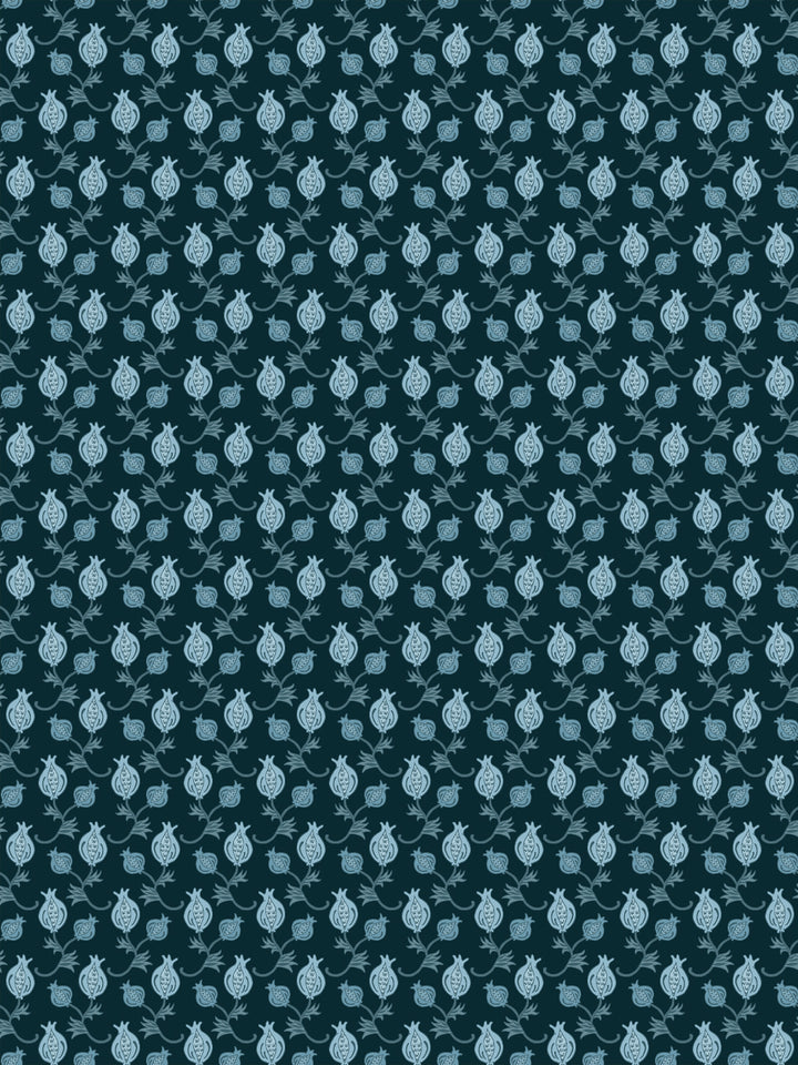 Dark teal wallpaper with small pale blue pomegranate motifs in a dense ditsy grid