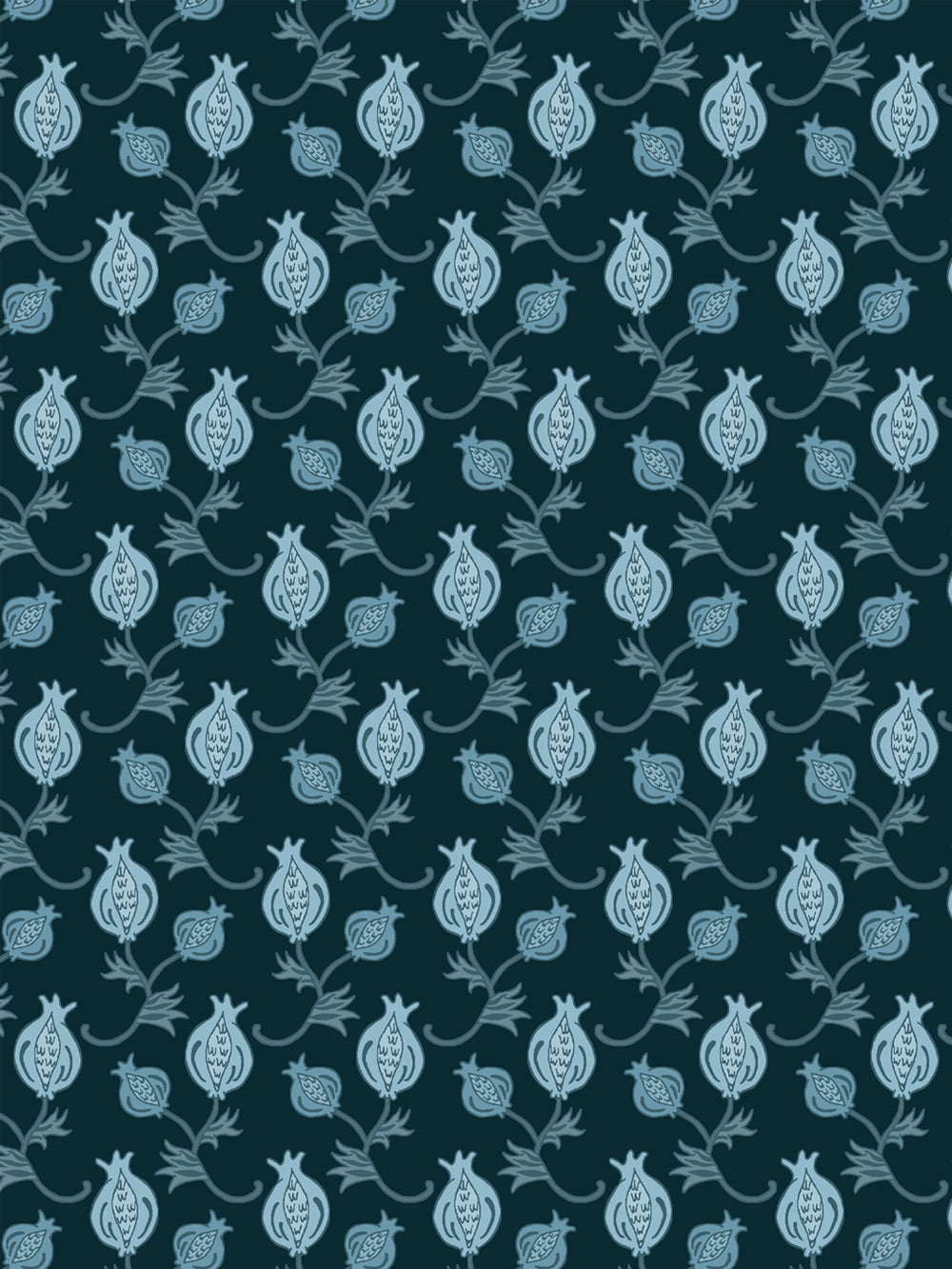Close crop of pale ice blue pomegranate motifs on very dark teal petrol blue
