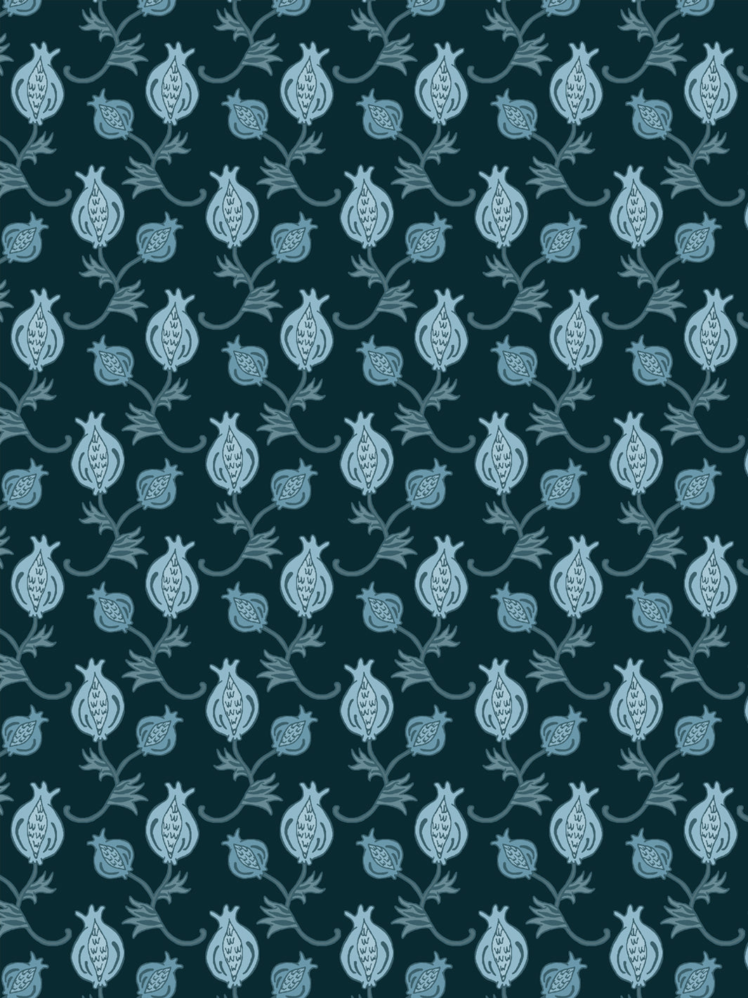 Close crop of pale ice blue pomegranate motifs on very dark teal petrol blue