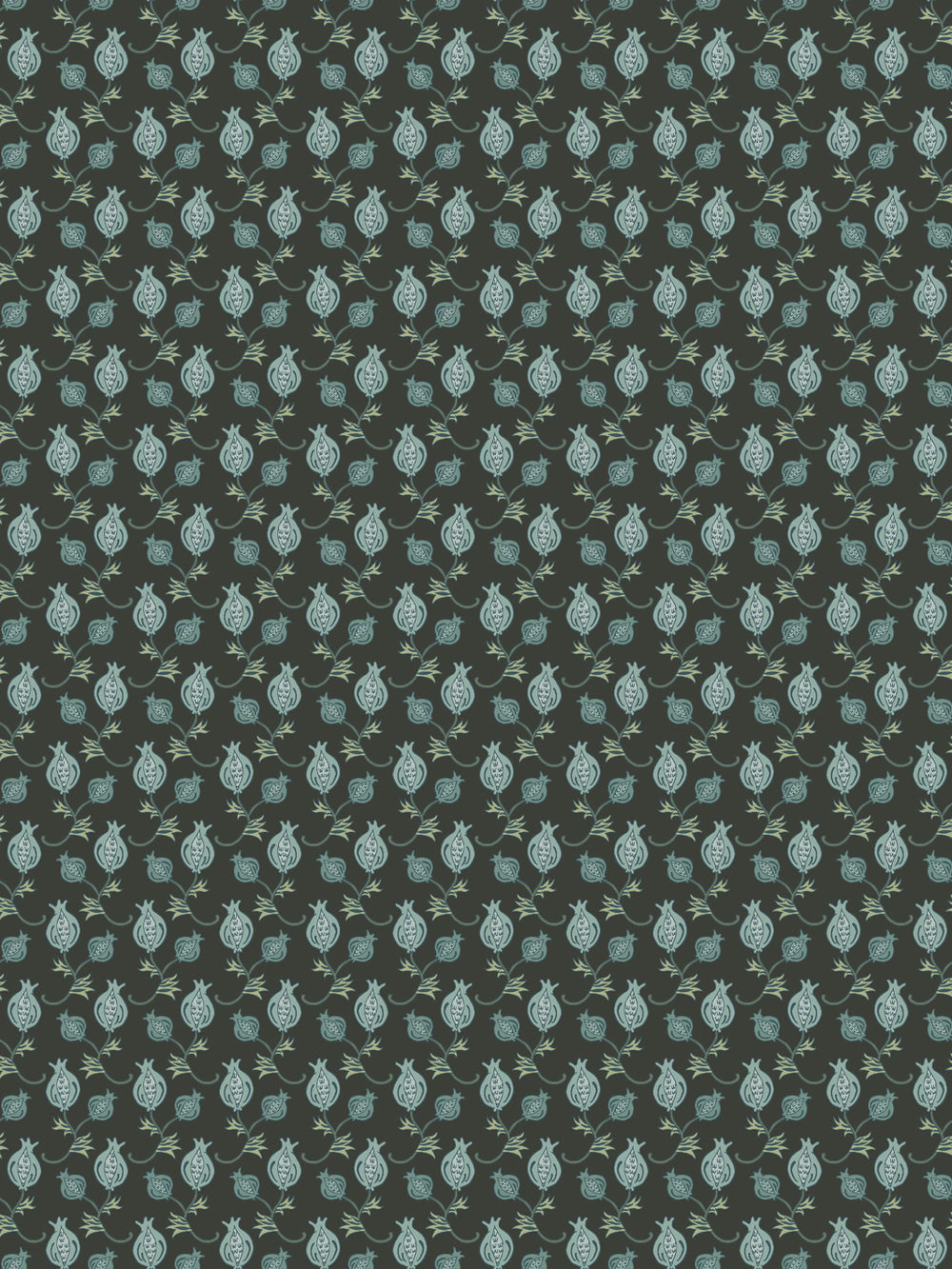 Dark olive charcoal wallpaper with small sage green pomegranate motifs in a tight grid