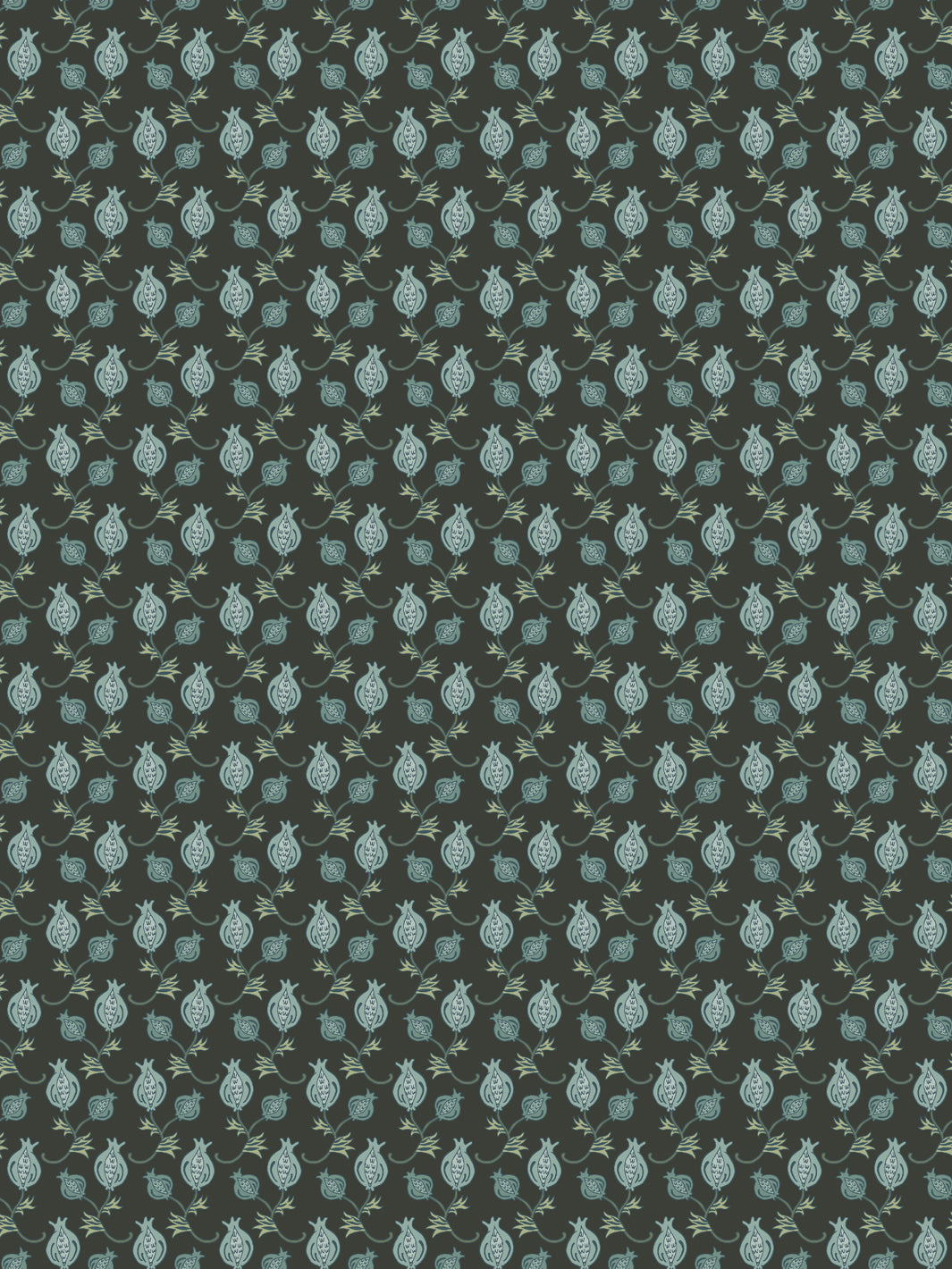 Dark olive charcoal wallpaper with small sage green pomegranate motifs in a tight grid