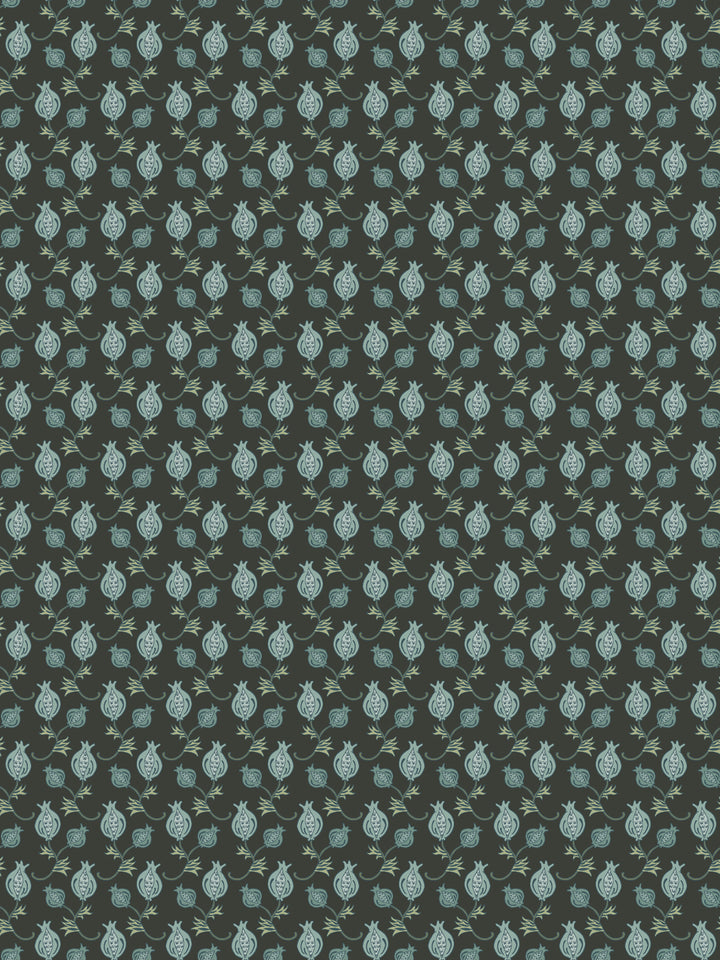 Dark olive charcoal wallpaper with small sage green pomegranate motifs in a tight grid