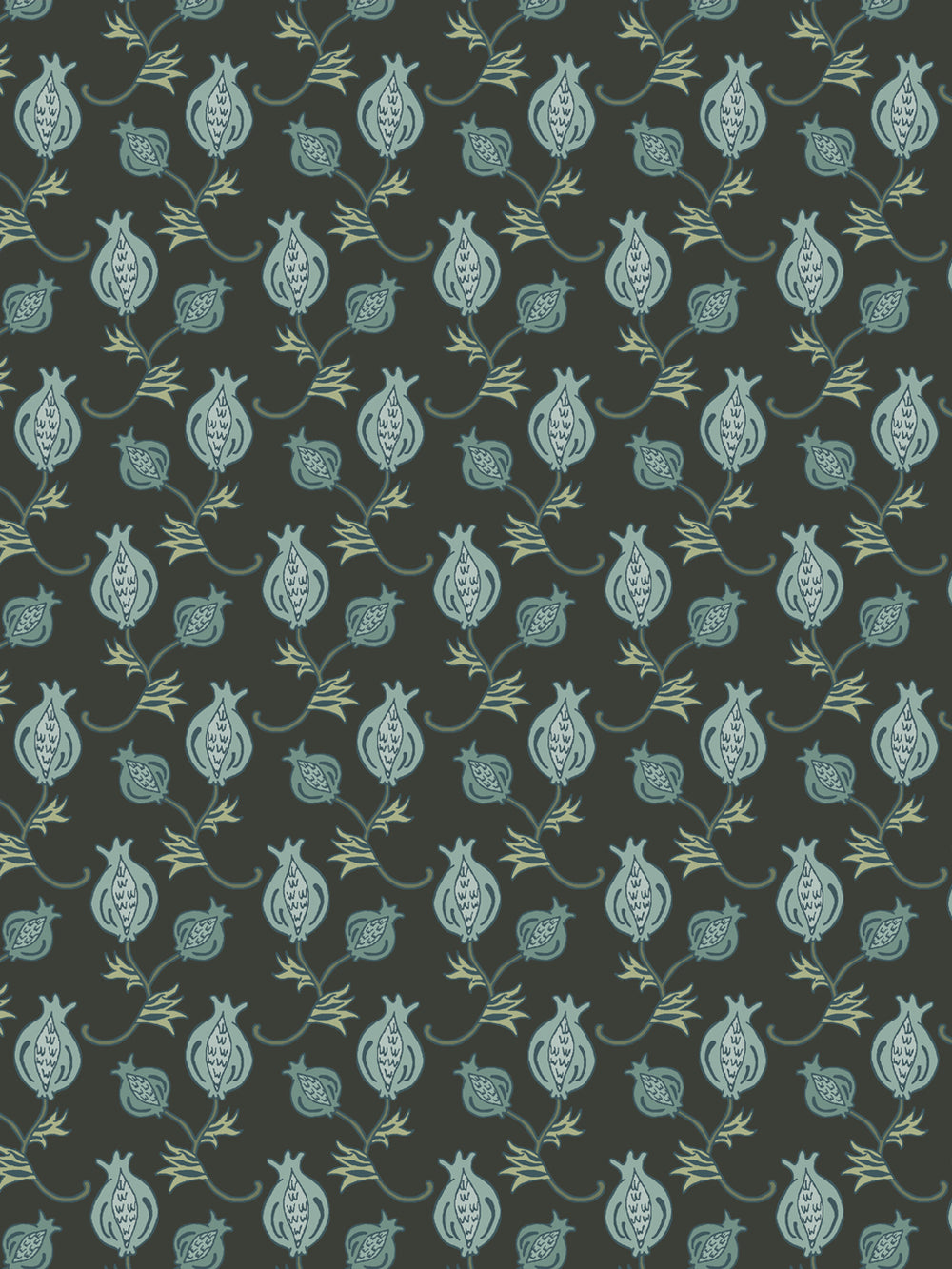 Close crop of soft sage and eucalyptus green pomegranate motifs on dark olive-charcoal