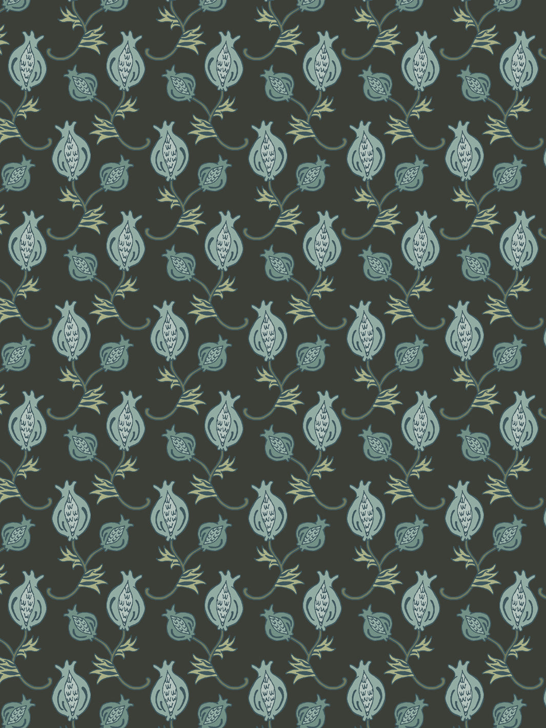 Close crop of soft sage and eucalyptus green pomegranate motifs on dark olive-charcoal