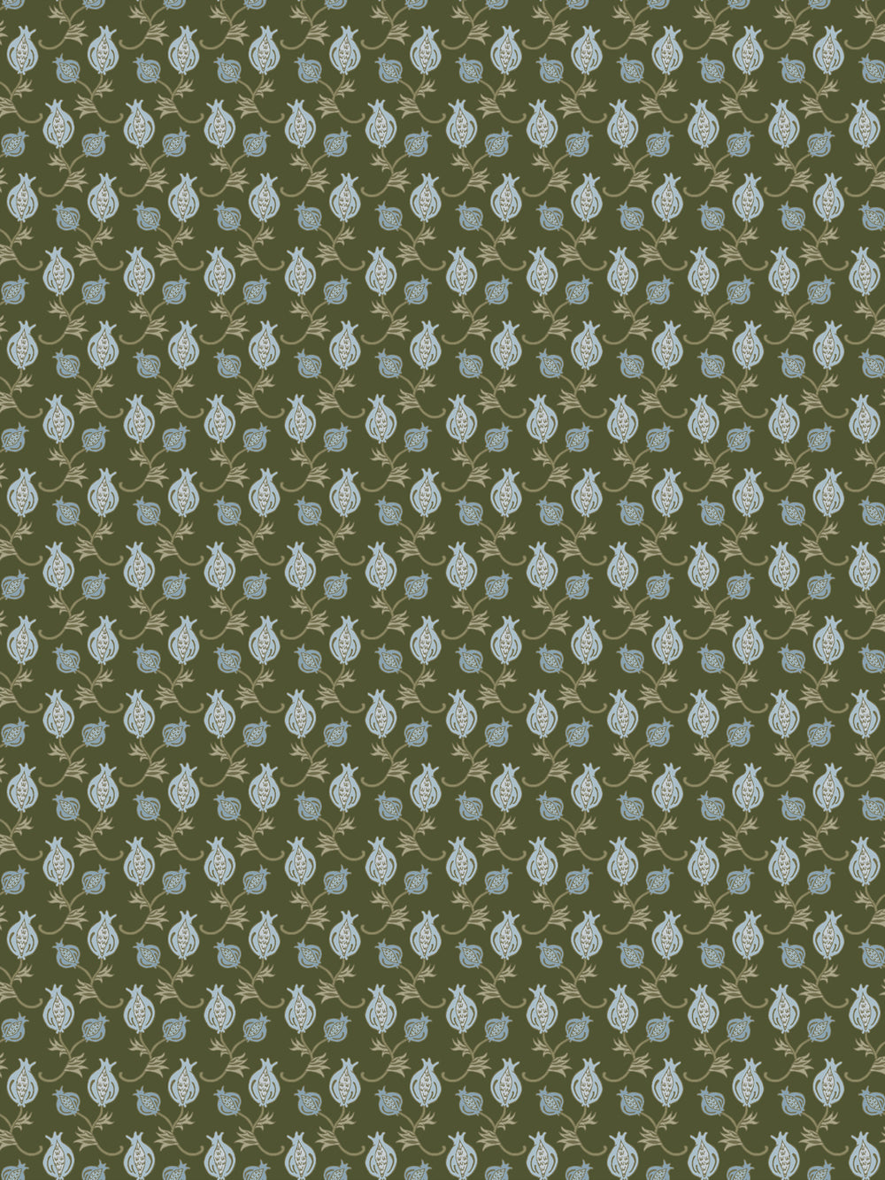 Olive green wallpaper with small pale blue pomegranates and tan stems in a tight grid