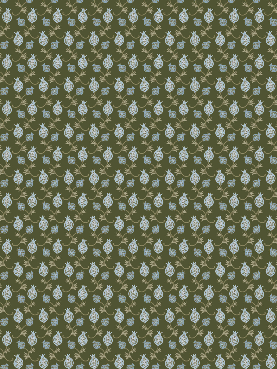 Olive green wallpaper with small pale blue pomegranates and tan stems in a tight grid