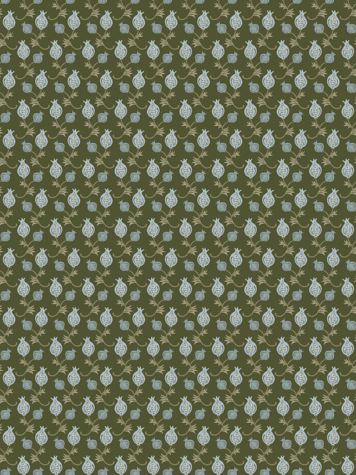 Olive green wallpaper with small pale blue pomegranates and tan stems in a tight grid