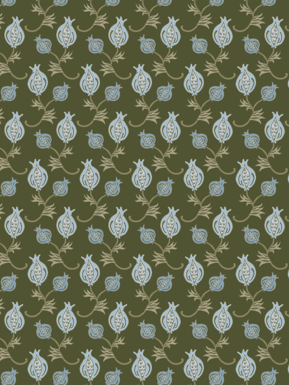 Close crop of pale powder blue pomegranate motifs on mid olive green