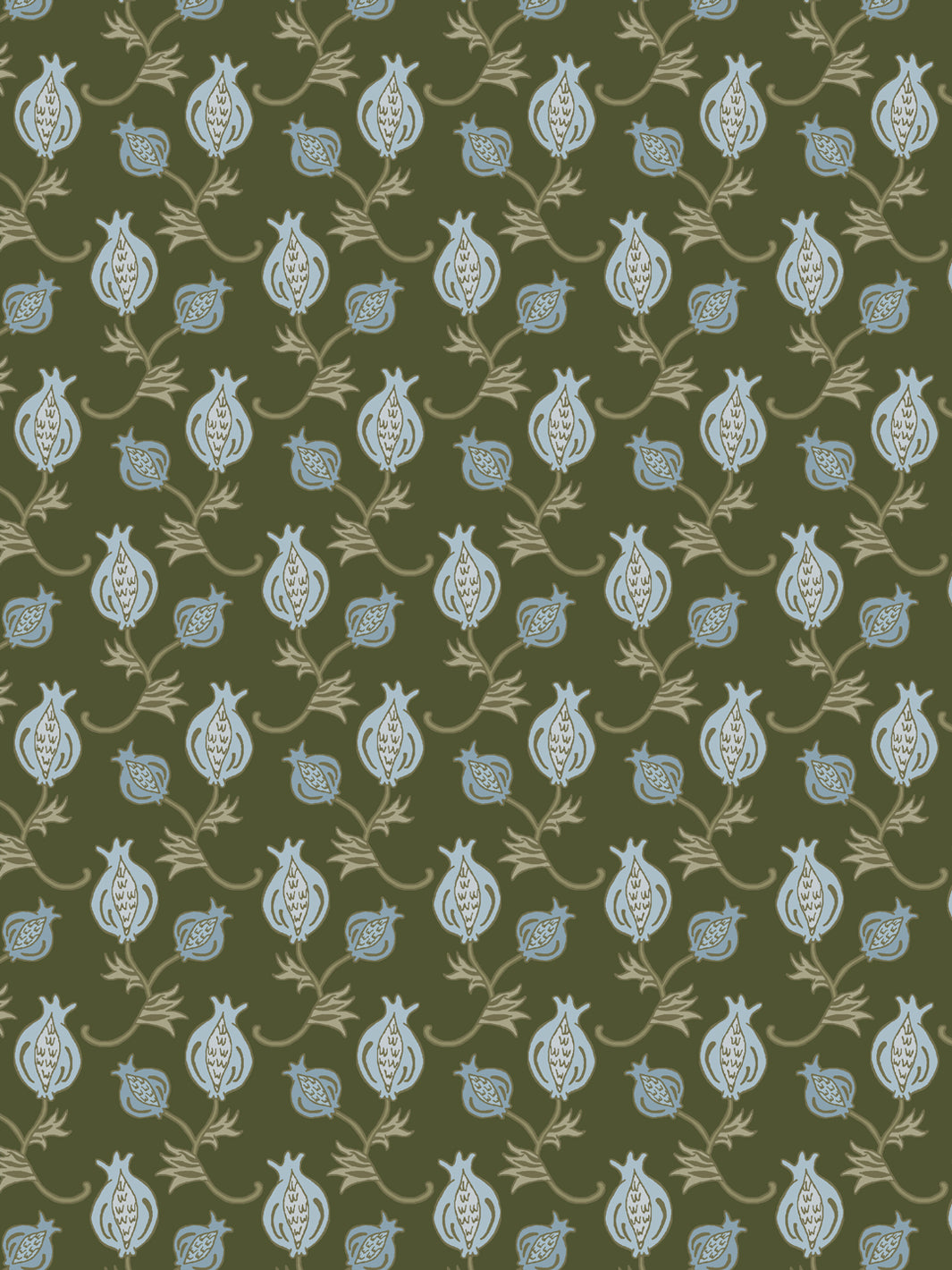 Close crop of pale powder blue pomegranate motifs on mid olive green