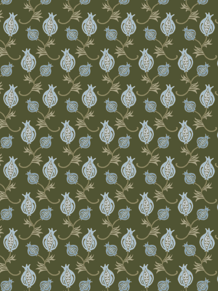 Close crop of pale powder blue pomegranate motifs on mid olive green