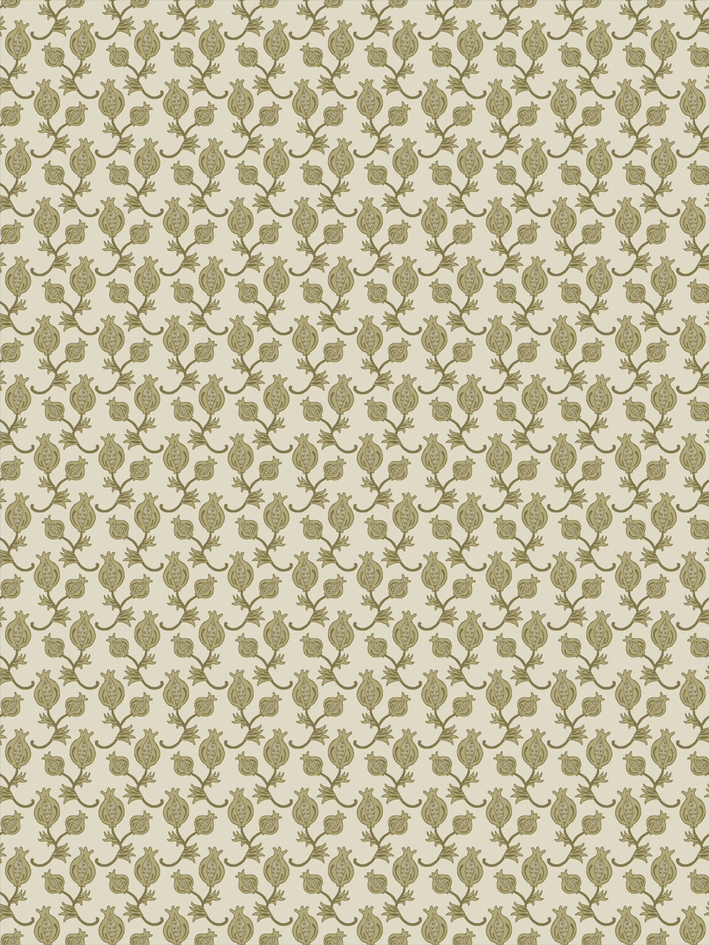 Cream wallpaper with small olive green pomegranate motifs in a dense ditsy grid