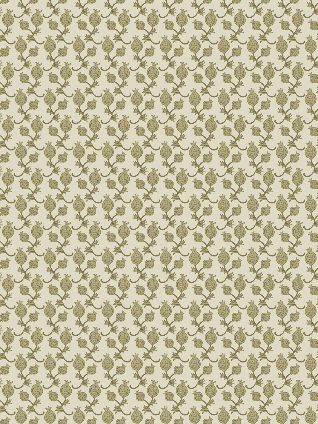 Cream wallpaper with small olive green pomegranate motifs in a dense ditsy grid