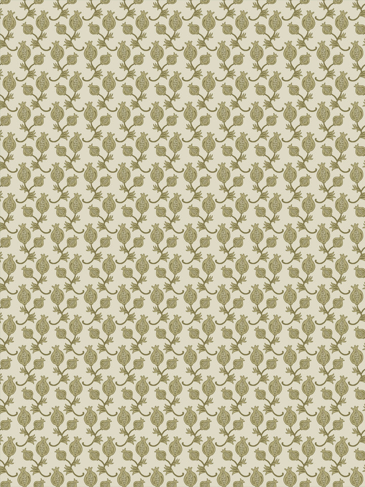 Cream wallpaper with small olive green pomegranate motifs in a dense ditsy grid